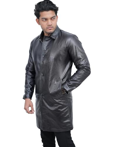 Image of Apurbo 100% Lambskin /cowskin Black leather coat men Trench Car Coat Mens With a Polyester Lining and Jecket Filling Warmth