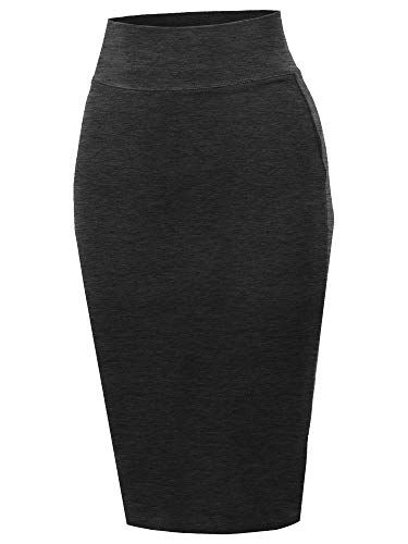 A2Y Solid Ponte Knee Length Slit Techno Span High Waist Pencil Skirt H Charcoal M