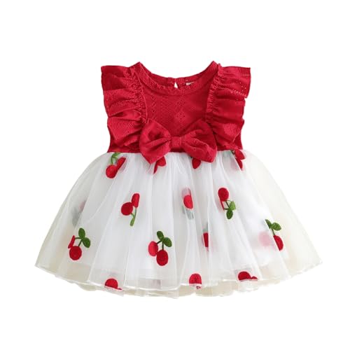 XIXIMAON Newborn Summer Dress Floral Embroidered Bowknot Ruffle Sleeveless Tulle Tutu Dress Baby Girl Cherry Layered Dress Infant Birthday Party Dress (Red 0-3 Months)