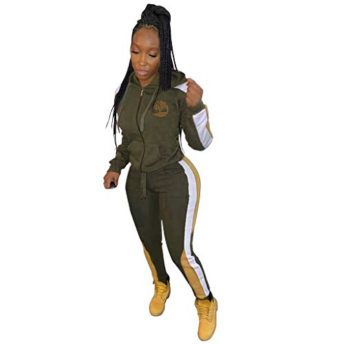 Forwelly Plus Size Hooded Tracksuit for Women Ladies Long Sleeve Zipper Tops Sport Pant 2 Piece Outfits Set Sweatsuit Army Green