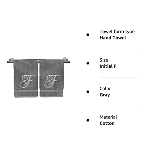 Monogrammed Hand Towel, Personalized Gift, 16 X 30 Inches - Set Of 2 - Silver Embroidered Towel - Extra Absorbent 100% Turkish Cotton- Soft Terry Finish - For Bathroom, Kitchen And Spa- Script F Gray #TOP1