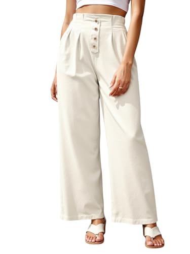 Women's High Elastic Waist Pants Dressy Casual Tapered Leg Button Front Trousers