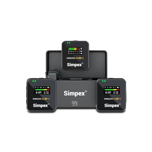 Image of Simpex SWM-103, 2-in-1 Wireless Microphone System with 100M Range, 12hrs of Work time, LCD Screen on All The Units, Plug and Play, Noise Cancellation, Compatible with Smartphones and Camera