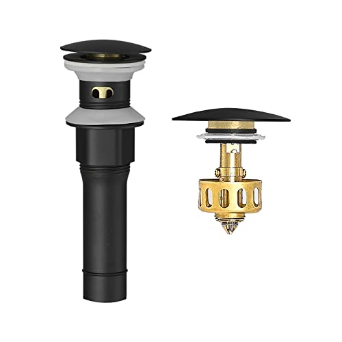 BESy Black Bathroom Sink Drain, Bathroom Faucet Vanity Sink Pop Up Drain Stopper with Overflow, Built-in Anti-Clogging Strainer, Matte Black