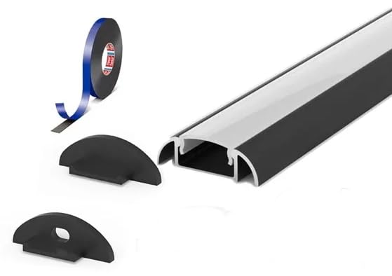 2 Metre Surface Mounted Black LED Profile P2-1 C/W Clips, End Caps & Opal Cover | Perfect for Bedroom, Stairs, Hallway, Kitchen, Cabinet (24.6mm x 7mm)