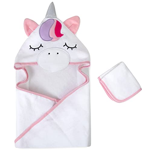 Image of Baby Animal Hooded Towel and Washcloth Set for Newborns, Infants, Toddlers Boys and Girls 3-24 Months (Unique Sparkly Unicorn)