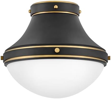 Hinkley Oliver Small Flush Mount Ceiling Light, Smooth Tapered Silhouette with a Rounded Etched Opal Glass Shade, in Black and Heritage Brass Accents