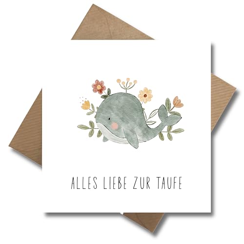 WBdesignz Taufkarte Alles Liebe zur Taufe mit Umschlag - Aquarell Wal Motiv mit Blumen - Taufgeschenk Glückwunschkarte für Kinder Jungen & Mädchen (125 x 125 mm)