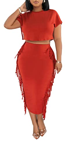 Image of YUEWOO 2 Piece Outfits for Women Sexy Crop Top Ruched Bodycon Maxi Dresses Fringe Skirt Sets Night Club Jumpsuits