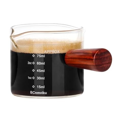 1 Pack Double Spouts Measuring Triple Pitcher Milk Cup with Wood Handle 75ML Espresso Shot Glasses Parts Clear Glass By BCnmviku Cover