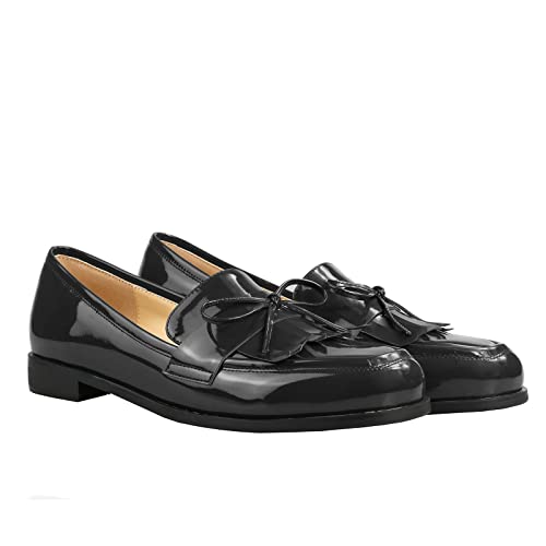 Image of LEMUTISME Women's Trendy Patent Leather Comfort Casual Closed Round Toe Slip On Bow-Knot Dress Flat Loafers Pump Shoes with Tassal Black Size 10