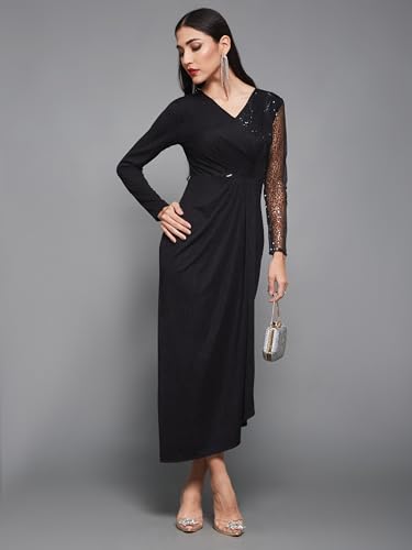 Image of Miss Chase Women's Round Neck Sleeve Embellished Fit Flare Maxi Dress