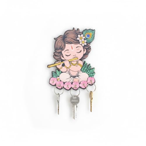 Image of Cute Krishna Wall-Mounted Key Holder, Peacock Feather & Floral Art, 20x25 cm, 7 Hooks, Pink UV Printed Design, Decorative Key Stand - Home & Office