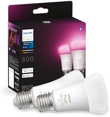 Philips Hue White & Color Ambiance Starter Kit 2 Lampadine Smart, Attacco E27, Luce Bianca e Colorata Dimmerabili, 9W, Hue Bridge incluso, Controllo Vocale