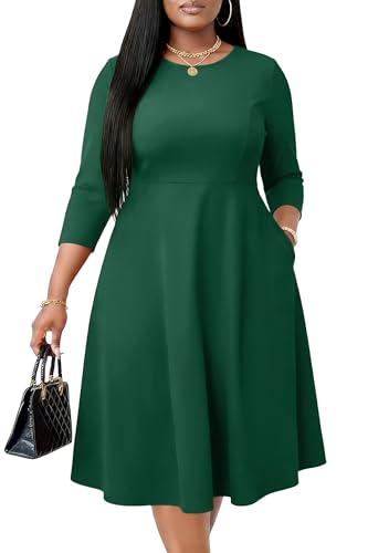 Image of Runwind Women's Plus Size Midi Dress Classy High Waist Wedding Guest Dress Casual Crew Neck 3 /4 Sleeve A-Line Swing Dresses