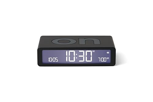 Lexon Flip Classic Digital Alarm Clock with Reversible On/Off Faces, Rechargeable bedside clock with LCD display, Touch Sensor for Snooze & Light function - Black