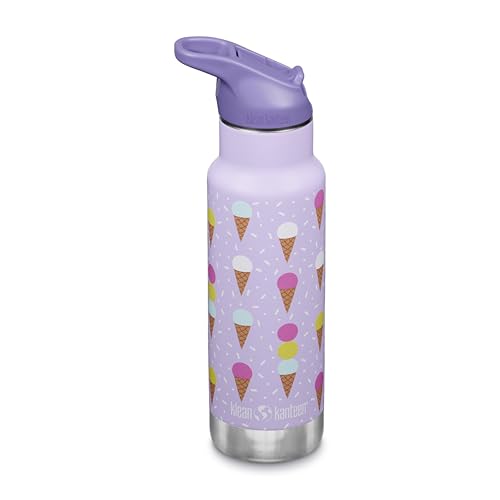 Klean Kanteen 12 oz Classic Kid's Insulated Water Bottle with Flip Seal Sport Cap - 100% Leakproof Cap - BPA-Free - Stainless Steel Material - Ice Cream