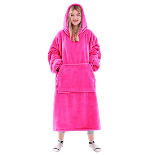 Waitu Wearable Blanket Sweatshirt Gifts for Women and Men, Warm and Cozy Giant Blanket Hoodie, Thick Flannel Blanket with Sleeves and Giant Pocket - Rose