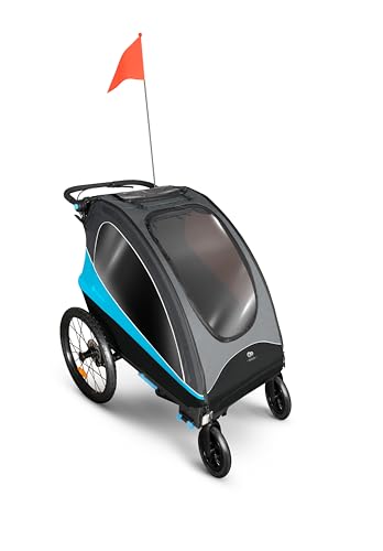 Kinderkraft NAVA 3 in 1, Rimorchio per bambini, Passeggino, Jogger, Carrozzina, Rimorchio per bicicletta, per uno o due bambini, 2x22 kg, Parapioggia, Protezione dagli insetti, Azul