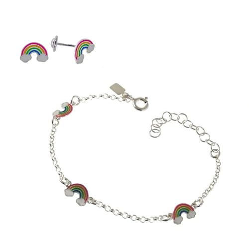 Pendientes y pulsera infantil arcoíris elaborados en plata de ley 925 maciza