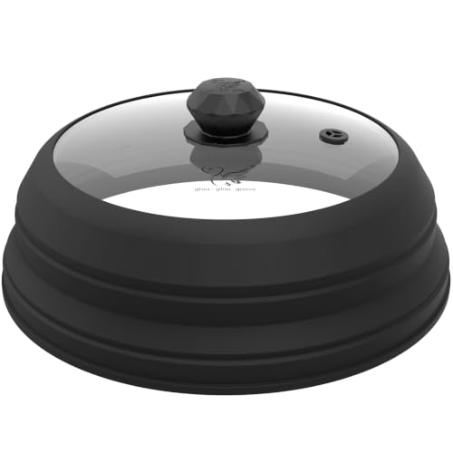 Image of Microwave Splatter Cover Vented Glass Splatter Guard Lid with Collapsible Silicone for Food as Pot Cover Plate 9.8 inch Black