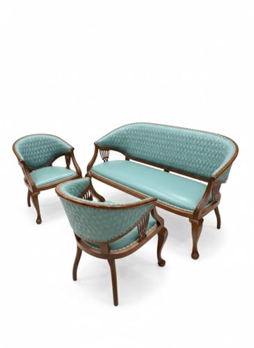 Image of Antique Lott French Style 5 Seater Sofa Plus 2 Chairs in Retro Antique Look with Carved Legs and Natural Polish with The Most Durable Rexine which Will Make Your Home Look Like a Royal one