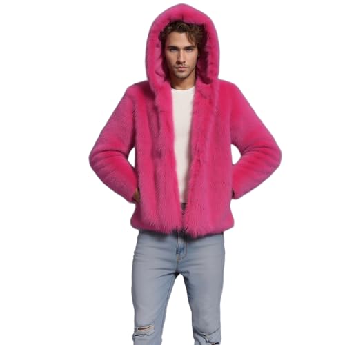 Lisa Colly Men's Winter Long Sleeve Faux Fur Coat With Hooded Short Jacket Parka Outerwear (Rose red,Large)