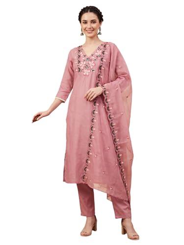 Image of INDO ERA Women's Cotton Blend Solid Straight Kurta Palazzo With Dupatta Set