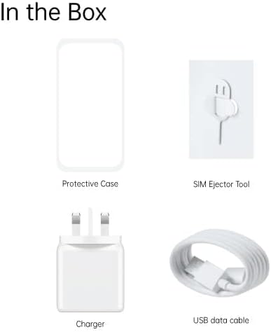Contents of the OPPO A17 retail box, including the phone, protective case, SIM ejector tool, charger, and USB data cable.