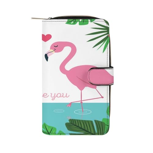 Nugier Women Soft PU Leather Wallet, Zipper Card Case Clutch Credit Bills Money Crash Coin 7.8x4.3x1.4 in Holder Purse Print Two Pink Flamingo Love Palm Trees