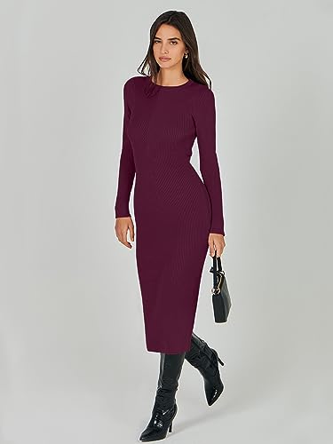 Image of ANRABESS Women Long Sleeve Sweater Dress Crewneck Bodycon Stretch Slim Fit Ribbed Knit Midi Dresses 2025 Fall Trendy Outfits Wine Red X-Large