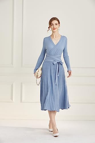Image of Women's Long Knit Crewneck Sweater Dress Tie Waist A-Line Swing Pleated Bodycon