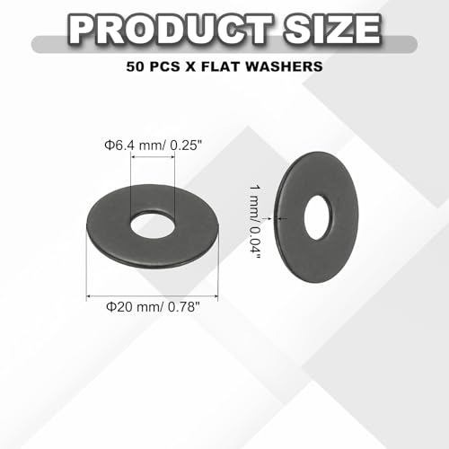 PATIKIL M6 Flat Washers 1/4"ID x 11/16"OD, 50 Pcs 304 Stainless Steel Metal Metric Washers Black Electroplated Flat Gasket Spacer for Screws and Bolts, Black