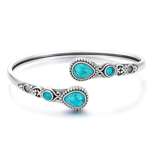Turquoise Bangle Bracelet for Women 925 Sterling Silver Genuine Turquoise Open Cuff Bracelet Adjustable Hand Stackable Vintage Natural Stone Jewelry Gifts