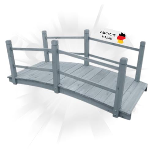 DELUKE® Holzbrücke mit Geländer Milan Grau | 140x60x56cm | Gartenbrücke Teichbrücke Holzsteg Gartendeko Teich Garten Zierbrücke Hinterhof-Brücke Deko