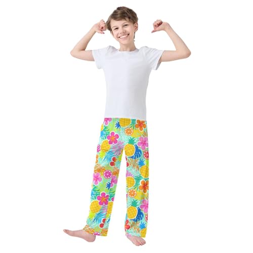Pineapple Orange Floral Boys Long Pants Soft Trousers Elastic Waist Kids Lounge Bottoms with Pockets S-XL2