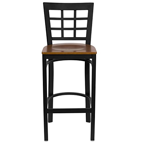 2 unidades de butaco metálico para bar con respaldo tipo ventana y asiento de madera cerezo - Negro miniatura 4