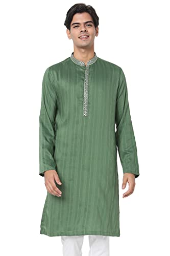 In-Sattva Men's Indian Embroidered Collar and Placket Striped Long Kurta Tunic