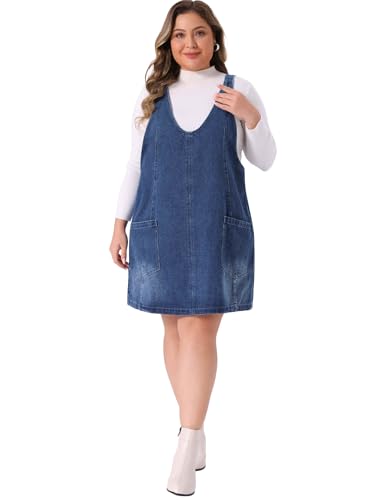 Image of Agnes Orinda Plus Size Denim Overall Dress for Women Sleeveless V Neck Denim Jumper Dress with Pocket