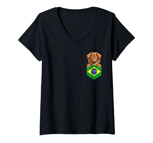 Womens Brazil Flag Duck Tolling Retrievers Dog In Pocket V-Neck T-Shirt, Black