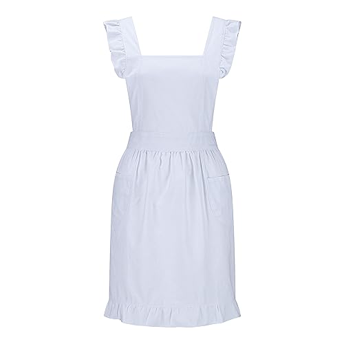 Hyzrz Cute Retro Adjustable Ruffle Aprons with Pockets for Women Girls Vintage Cross Back Pinafore Dress Maid Costume Apron Small to Plus Size (Free size White)
