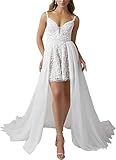 Tulle Short Wedding Dresses for Bride White Sheath Lace Applique Formal Bridal Shower Dresses for Women Mini Corset Engagement Dress for Women with Detachable Train US10