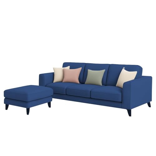 Image of Casaliving Grayon 3 Seater Convertible Sofa Set for Living Room, 3 Seater & Ottoman Modular Sectional Couch for Small Space (Blue Colour) Fabric