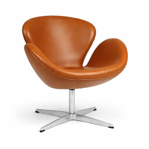 Image of Lakdi The Furniture Co Modern Swan Lounge Chair | Premium Faux Leather Accent Chair with Metal Swivel Base | Designer Living Room & Office Armchair (Caramel Brown)