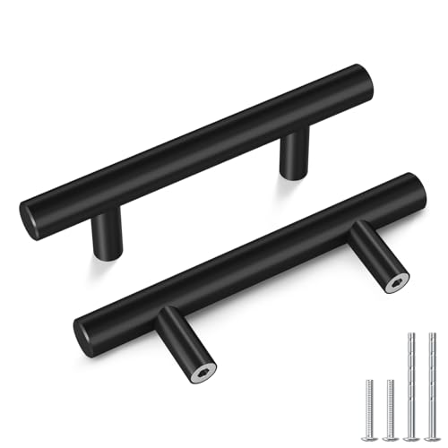 goldenwarm 25 Pack Black Cabinet Pulls Kitchen Cabinet Handles Black Drawer Pulls T Bar Drawer Handles Stainless Steel Hardware for Bedroom Door Cupboard, 3Inch Hole Center