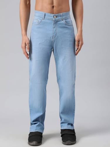 Image of KOTTY Men's Solid Scorpion Grass Blue Button Straight Fit Jeans