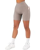 SUUKSESS Women Crossover Workout Shorts with Pockets Ribbed High Waisted Booty Biker Shorts (Khaki,...