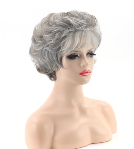 Short Curly Layered Pixie Wig for Women, Synthetic Gray Mixed