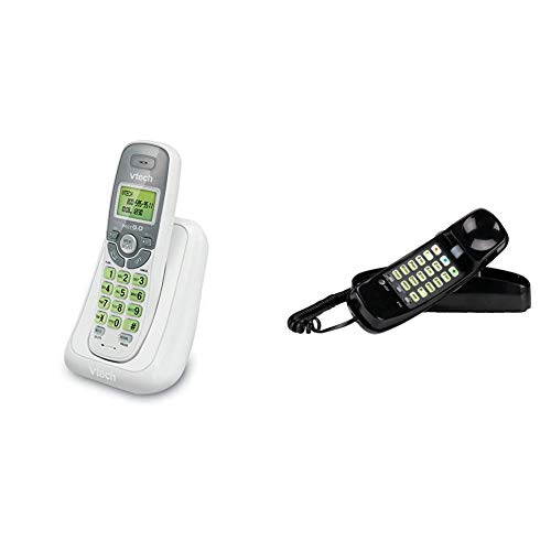 VTech CS6114 DECT 6.0 Cordless Phone with Caller ID/Call Waiting, White/Grey with 1 Handset & AT&T 210 Basic Trimline Corded Phone, No AC Power Required, Wall-Mountable, Black