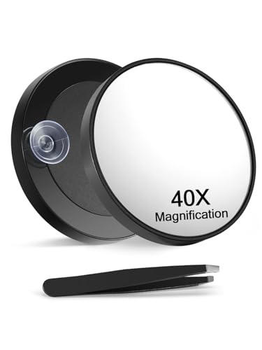Macaki 40X Magnifying Mirror with 2 Suction Cups 3.5 inches Magnified Makeup Mirror and Slant Tweezers Black 1PC